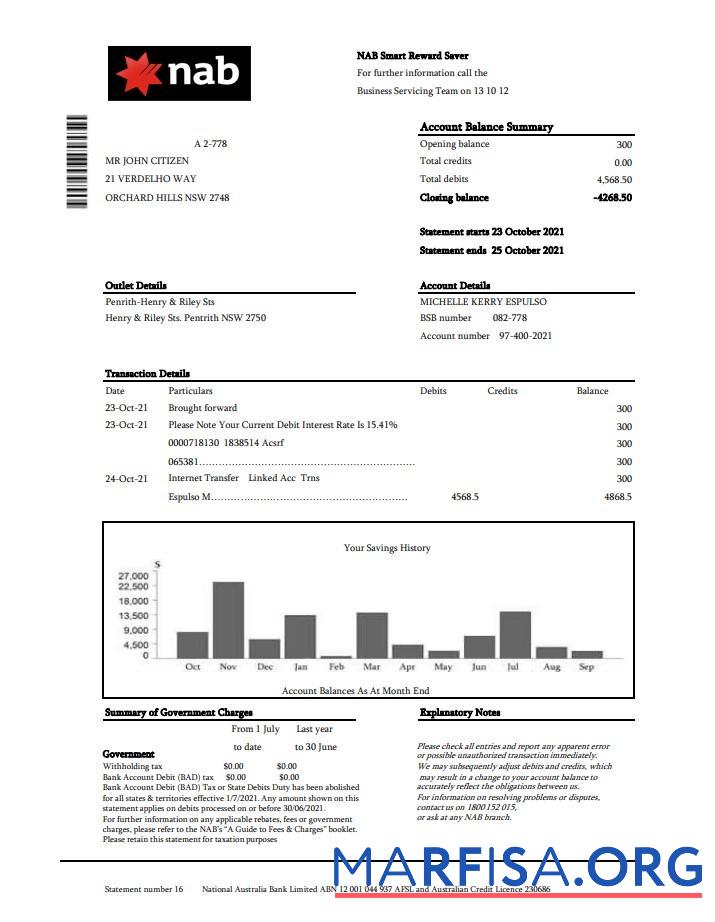 Printable USA NAB bank statement excel example